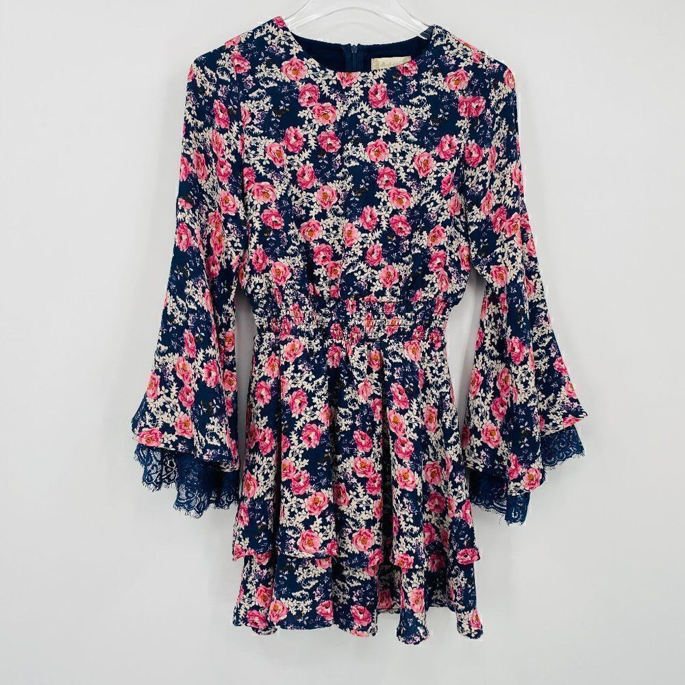 Altar'd State Size XS Navy Blue & Pink Floral Claudine Bell Sleeve Boho Dress - Picture 2 of 10